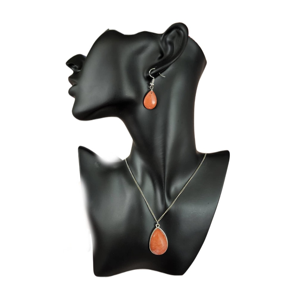 Long Orange Stone Necklace and Earrings Set